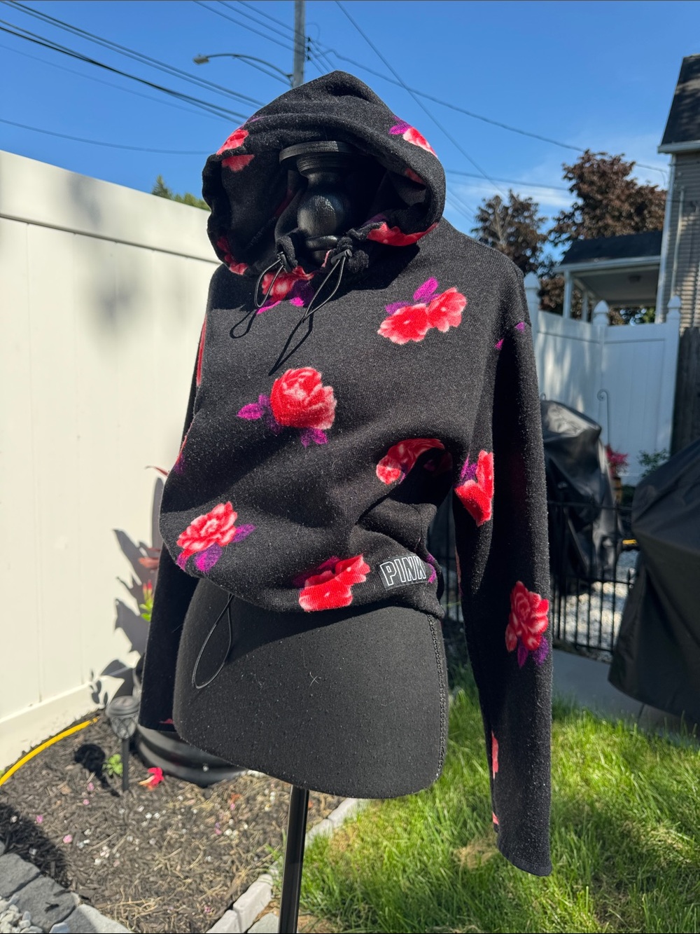 Floral Hooded Sweater - Black with Red & Pink Roses vs pink xs